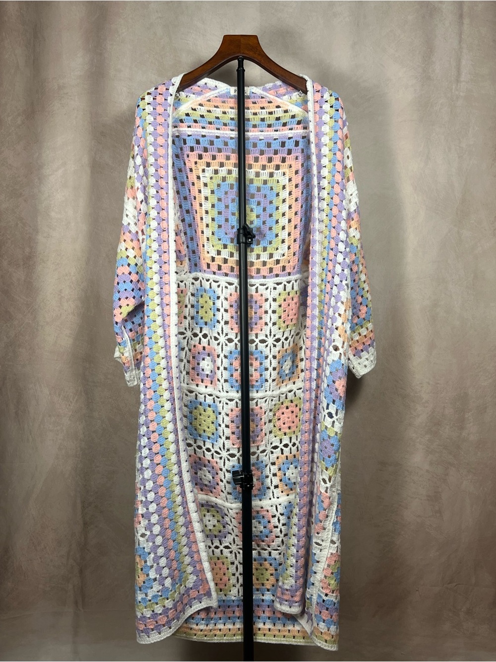 POL Pastel Crochet Granny Square Long Duster Cardigan One Size Boho Fairycore